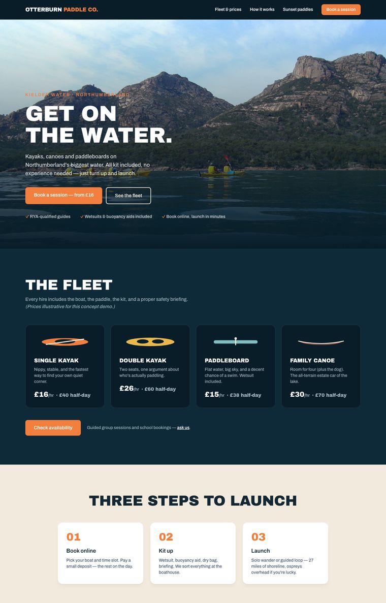 Demo website for a kayak and paddleboard hire — bold navy design with a dramatic waterside hero and illustrated fleet pricing