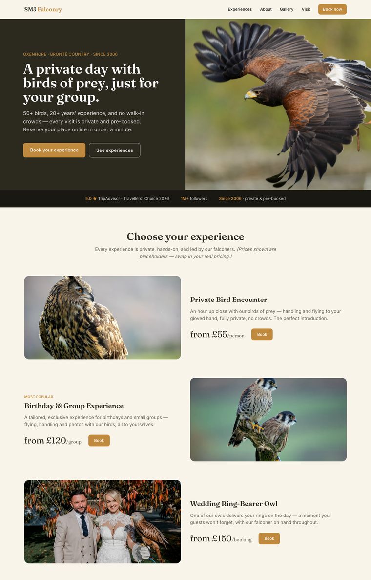 Demo website for a private falconry experience — cream and gold editorial design with online booking