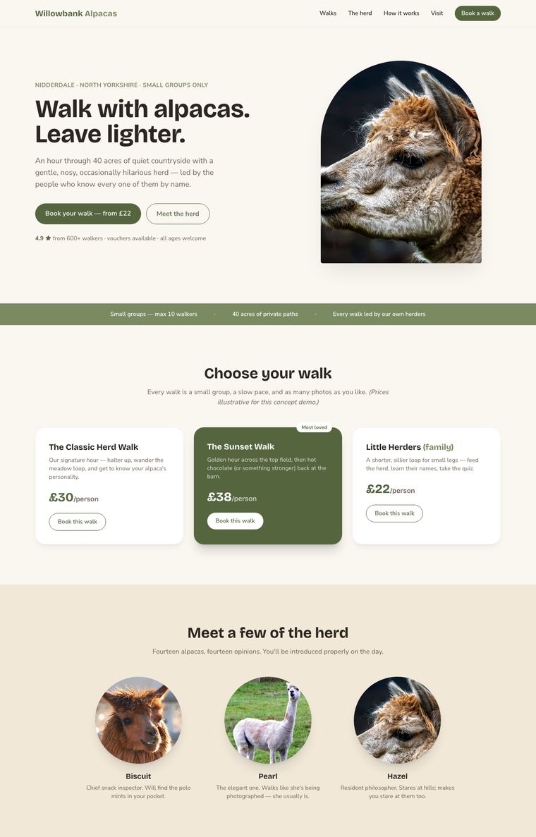 Demo website for an alpaca walking farm — warm cream and sage design with arch-framed photography and walk booking