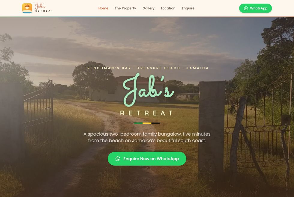 The Jab's Retreat homepage — a warm photographic site for a family bungalow near Treasure Beach, Jamaica